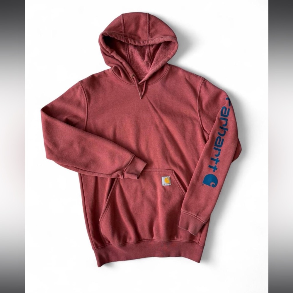 Carhartt Salmon Pink Hoodie with Blue Logo